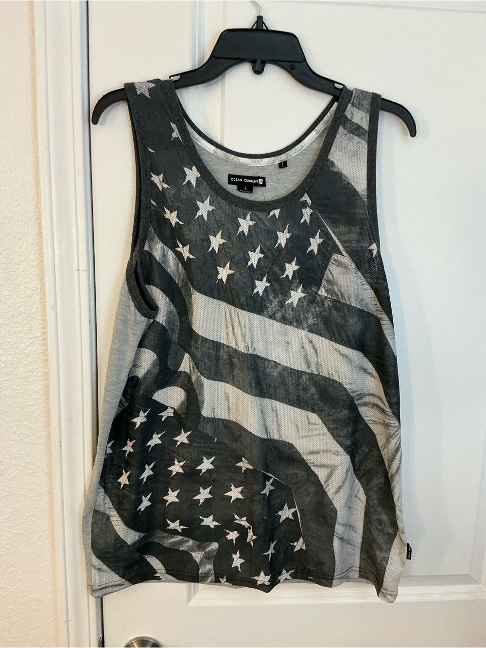 🔥 Ocean Current Men L Black White American Flag Mesh Jersey Tank Top USA
